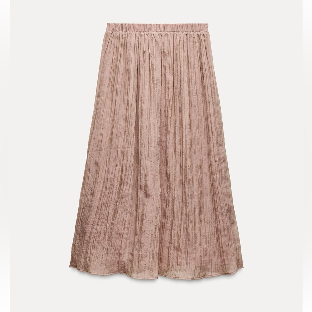 Zara NWT dusty pale pink elastic waistband wrinkle effect midi skirt - Picture 3 of 9